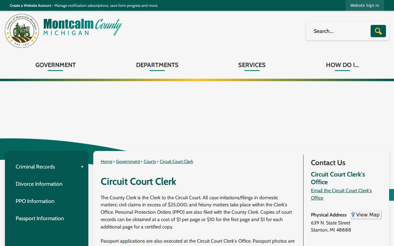 Montcalm County court schedule Circuit Court Clerk calendar information