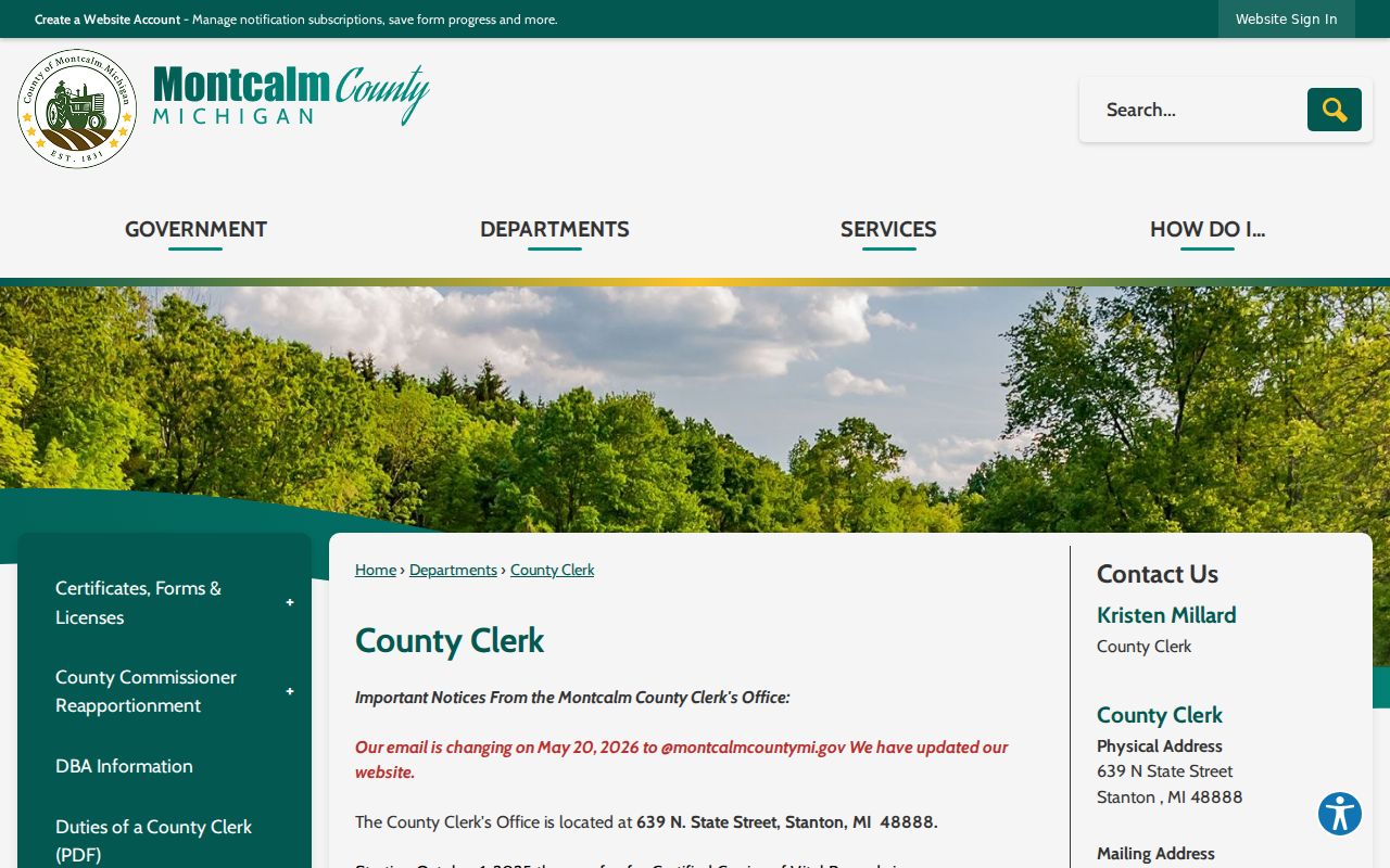 Montcalm County court schedule County Clerk contact information
