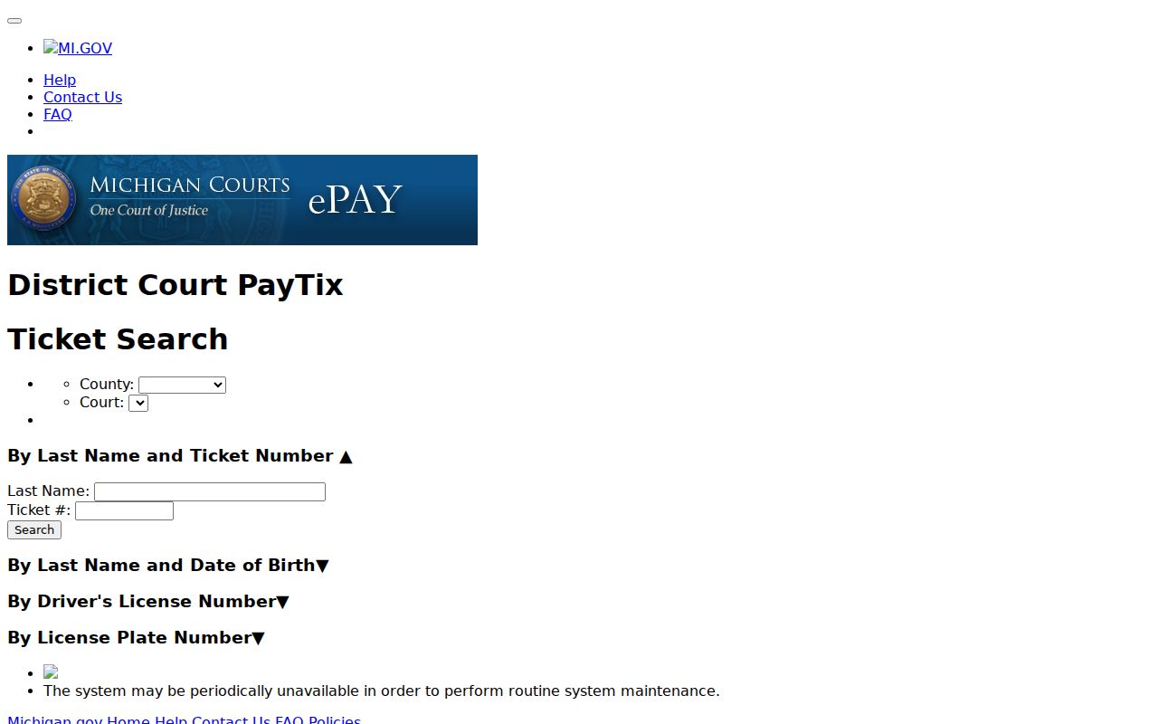 Montcalm County traffic ticket search fields in the Michigan PayTix form